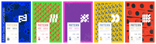 Сollection patterns colorful trendy poster, abstract geometric composition graphic in Y2K aesthetics, vector simple shapes print artwork modernism and minimalistic brutal style A4 format set 2