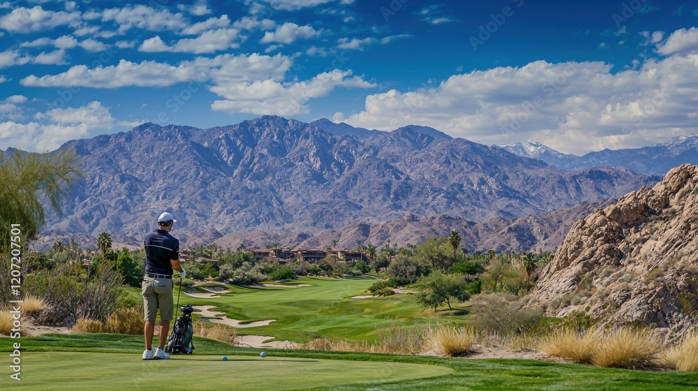 Obraz premium Male golfer taking a swing on a beautiful mountain course at a golf resort, his golf bag standing nearby. Perfect for golf enthusiasts and nature lovers.