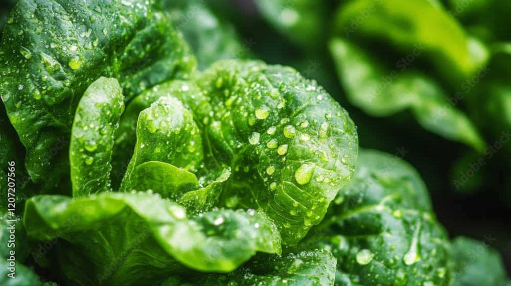 Closeup of Fresh Green Lettuce Leaves with Dew Drops