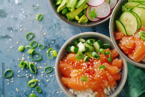 Salmon poke bowl with avocado  rice  and veggies. photo