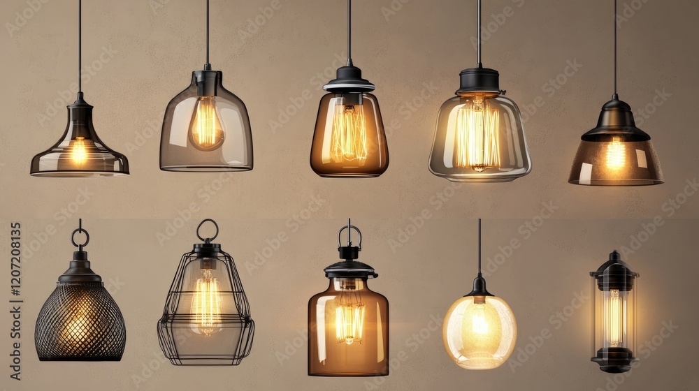Obraz premium PNG hanging lamp design set featuring a range of modern and classic styles, presented on a transparent background.