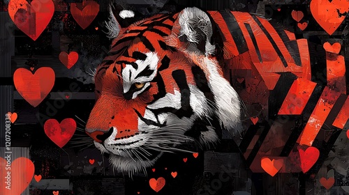 Red tiger portrait, hearts background, Valentine's Day, love, art