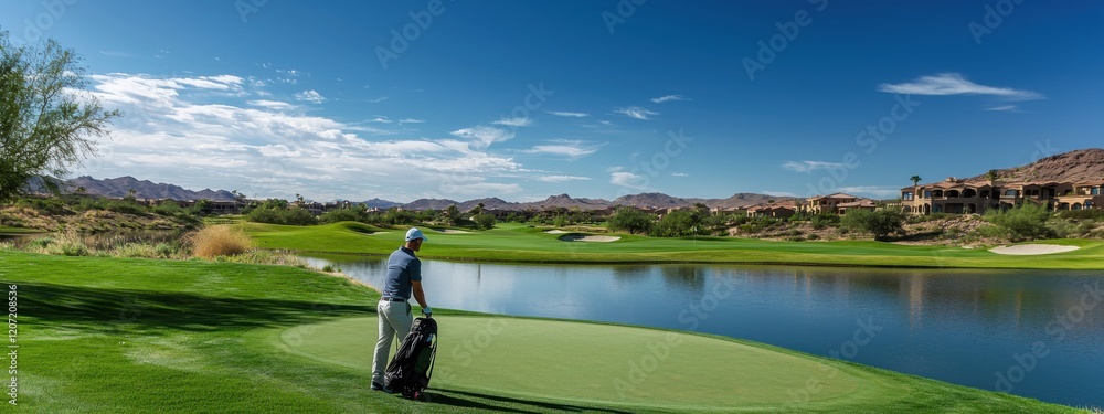 Male golfer taking a swing on a beautiful mountain course at a golf resort, his golf bag standing nearby. Perfect for golf enthusiasts and nature lovers. Male golfer taking a swing on a beautiful mountain course at a golf resort, his golf bag standing nearby. Perfect for golf enthusiasts and nature lovers.