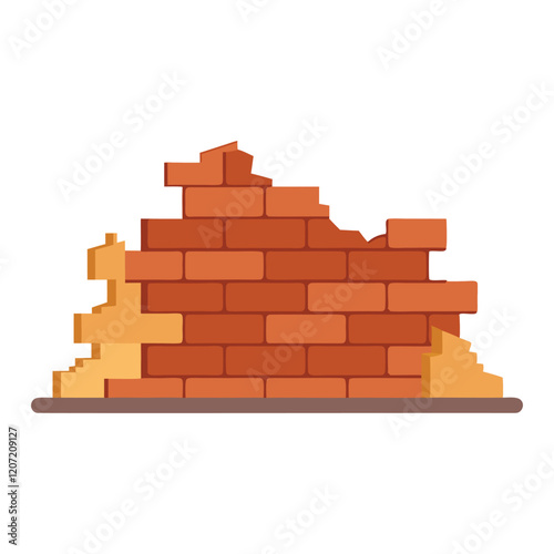 Destroyed brick wall isolated flat vector illustration on white background