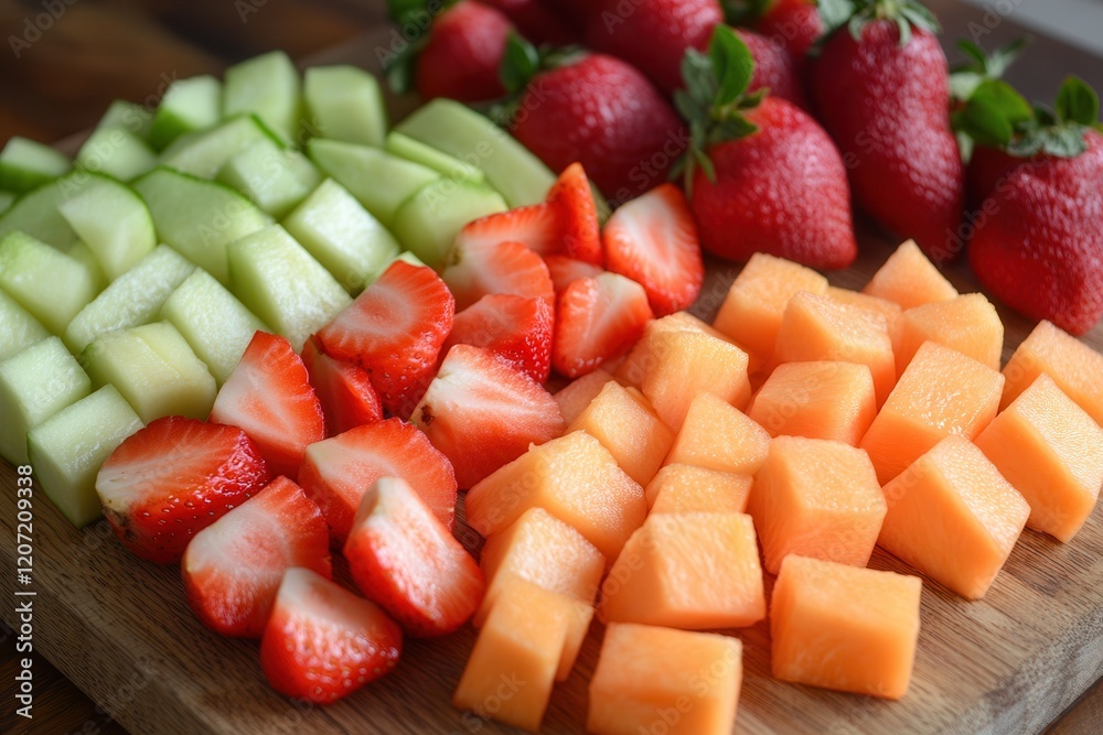 A colorful array of freshly cut fruit sprawls across a wooden cutting board, showcasing vibrant hues and juicy textures that invite a refreshing taste. A colorful array of freshly cut fruit sprawls across a wooden cutting board, showcasing vibrant hues and juicy textures that invite a refreshing taste.