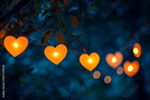 Glowing Heart Garland: A string of glowing heart-shaped lanterns strung across a romantic evening scene. photo