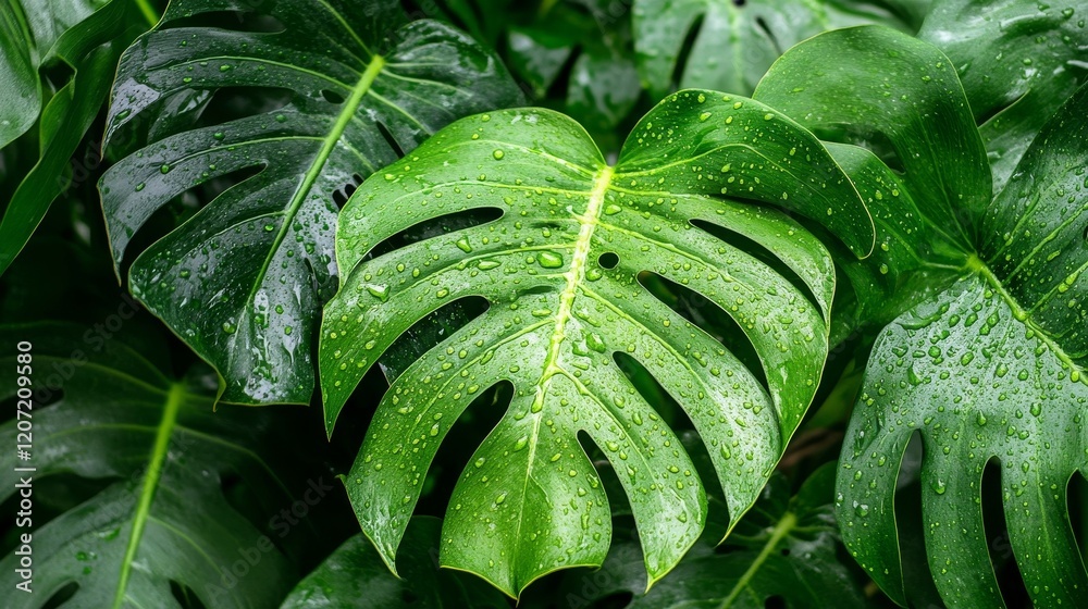 Fototapeta premium Water droplets on green tropical leaf