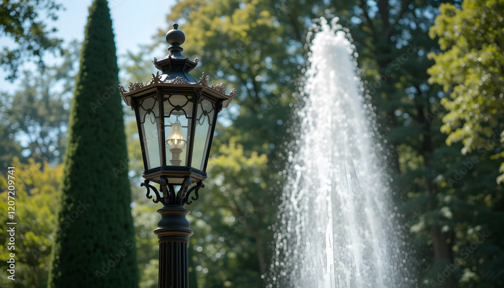 Elegant garden lantern next to a beautiful water fountain in a lush setting Elegant garden lantern next to a beautiful water fountain in a lush setting