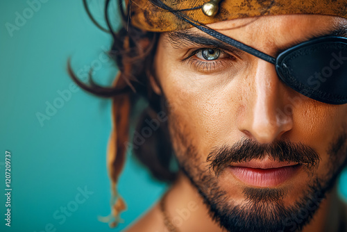 Mysterious young adult man pirate wearing eye patch and headscarf close-up portrait photo