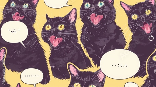 A Hilarious Collage of Yelling Black Cats with Speech Bubbles: A Pop Art Meowgic photo