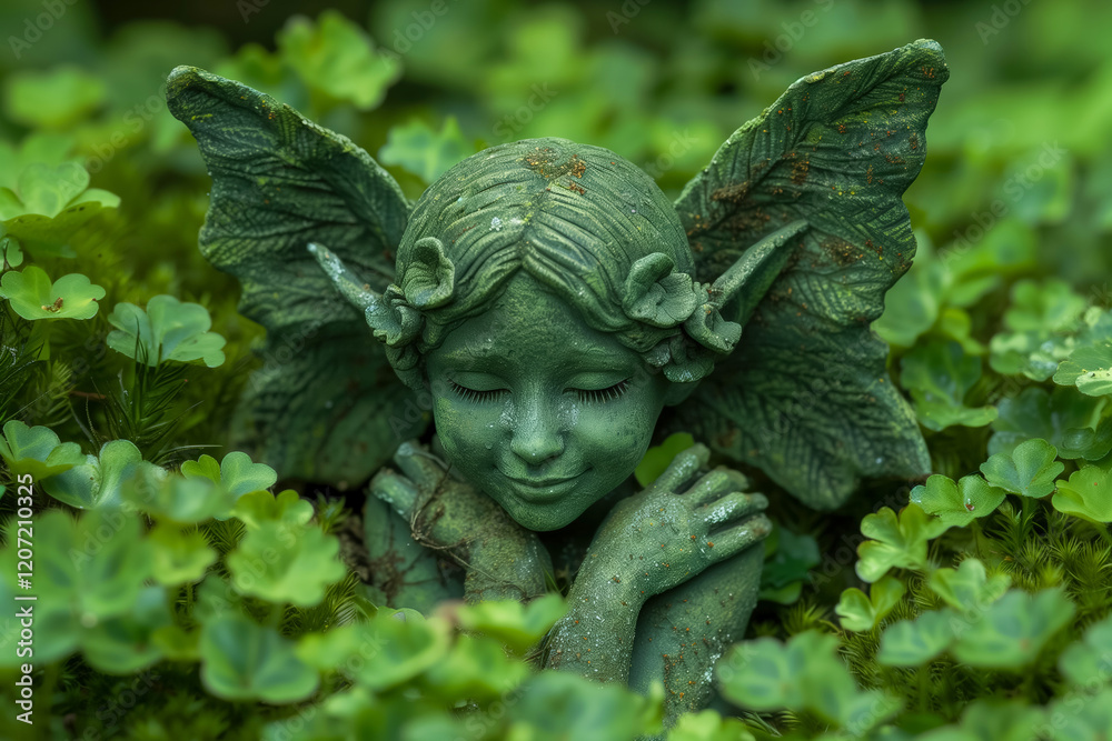 Obraz premium Green fairy statue surrounded by lush clover in a serene garden setting