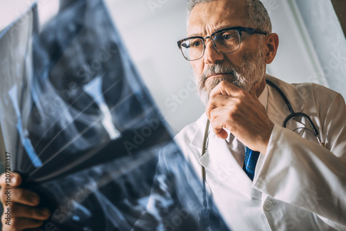 Mature doctor examining the medical x ray image in hospital hallway
