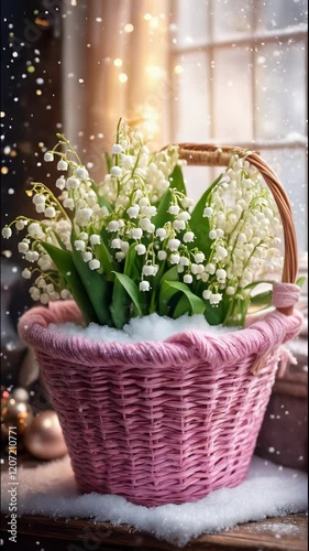Spring flowers lilies of the valley in a pink basket, snow, fantasy vertical video