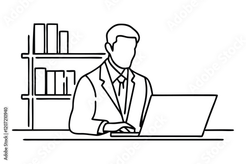  Man in a suit and tie sits at a desk, focused on his laptop, conveying professionalism and dedication Line art flat vector illustration.