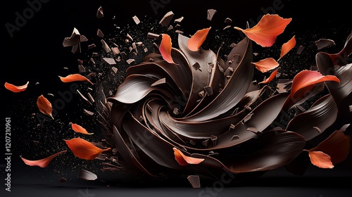 Fototapeta Naklejka Na Ścianę i Meble -  Swirling chocolate, exploding petals, dark background; food, dessert, advertising