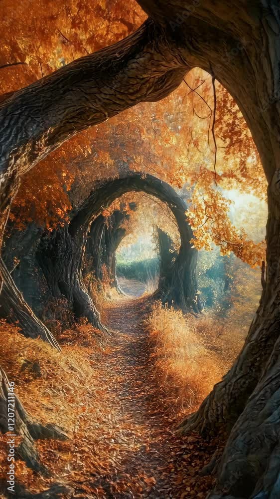 Forest pathway framed by twisted trees showcasing autumn foliage in warm golden hues Forest pathway framed by twisted trees showcasing autumn foliage in warm golden hues