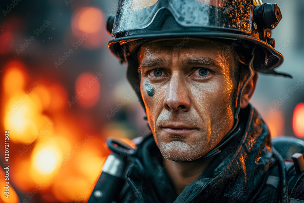 Brave firefighter man in intense blaze scene wearing helmet and uniform Brave firefighter man in intense blaze scene wearing helmet and uniform