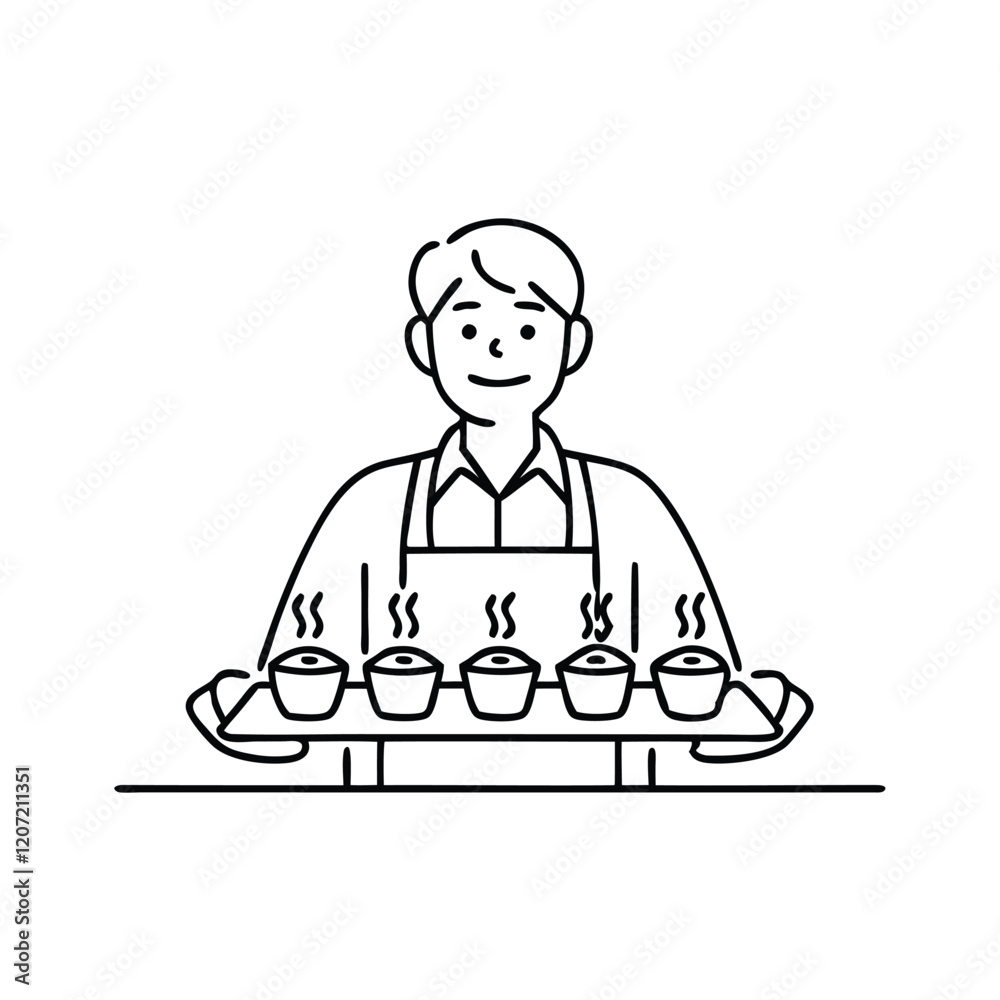 Smiling man presents a tray filled with coffee Line art flat vector illustration. Smiling man presents a tray filled with coffee Line art flat vector illustration.