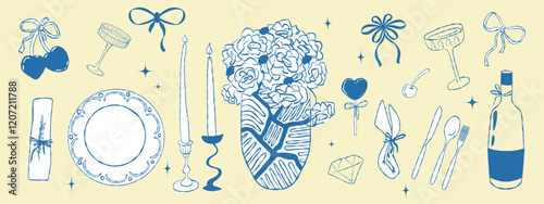 Hand drawn coquettish design elements for romantic or wedding dinner, Valentines day, birthday card, royal reception. Elegant glasses for champagne, bows, cherry, hearts, candlestick, plate. Vintage