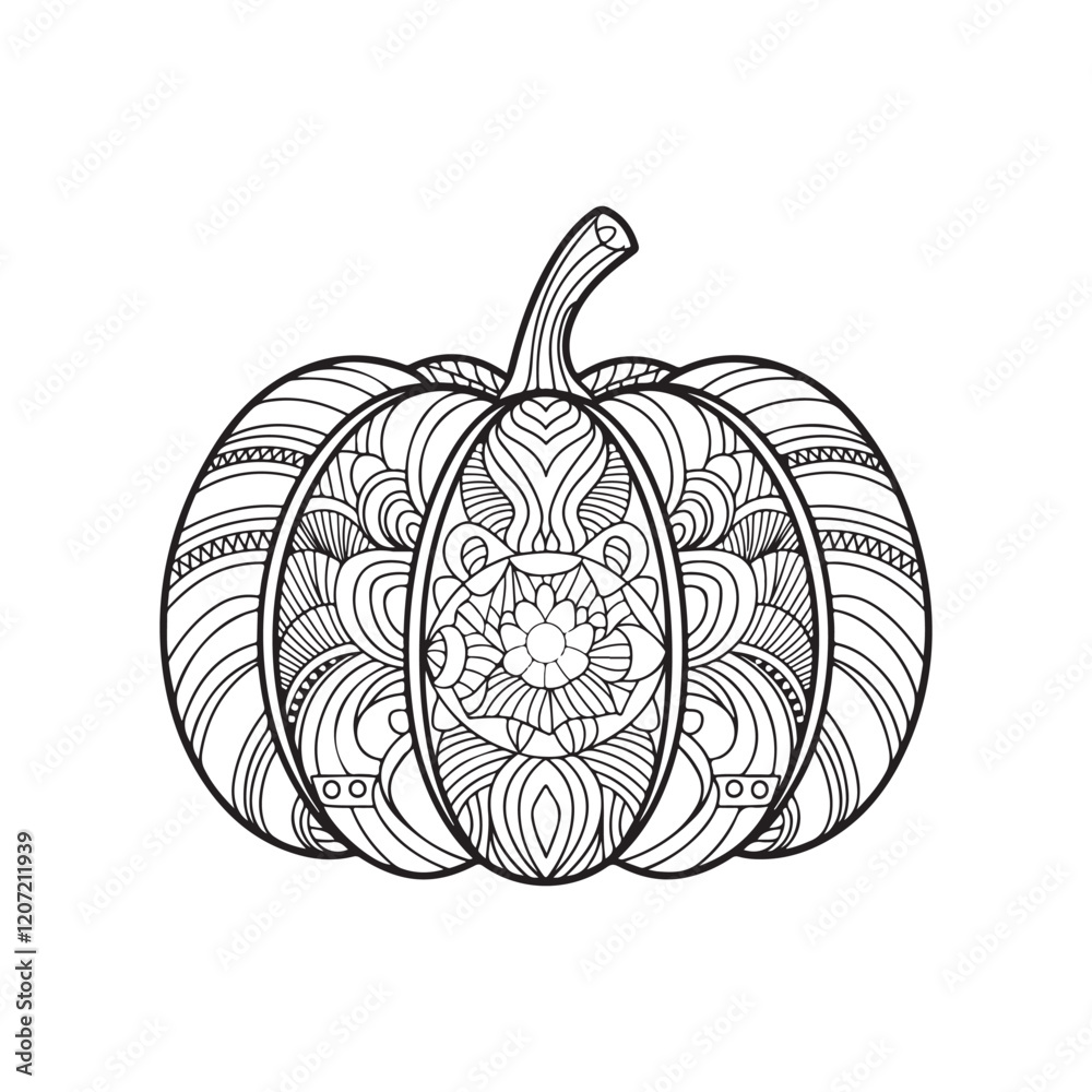 Decorative vector pumpkin in doodle style. Mandala style illustration. Bright autumn symbol. Lace element for design. Festive postcard. Isolated on white background