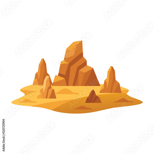  Varied rock formations arranged on smooth sand surface isolated flat vector illustration on white background.
