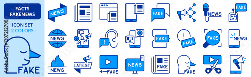 Icons in two colors about facts and fake news.