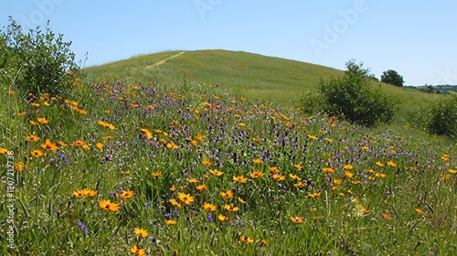 Vibrant mix of colorful grasses and flowers blooming on a gentle rolling hill under a bright cloudless blue sky in a peaceful serene countryside landscape photo