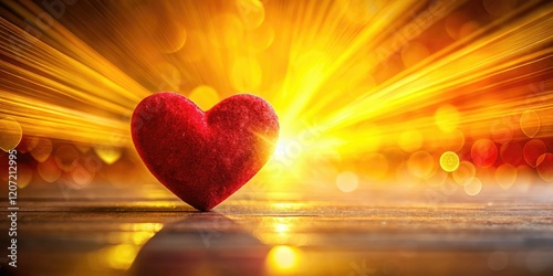 Romantic long exposure photography: a red heart glows against a vibrant yellow and white backdrop.