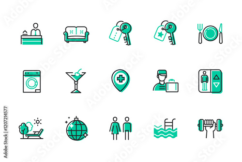 Relaxation at the hotel - set of line design style icons