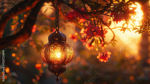 ornamental Arabic lantern with burning candle, ramadan mubarak concept.