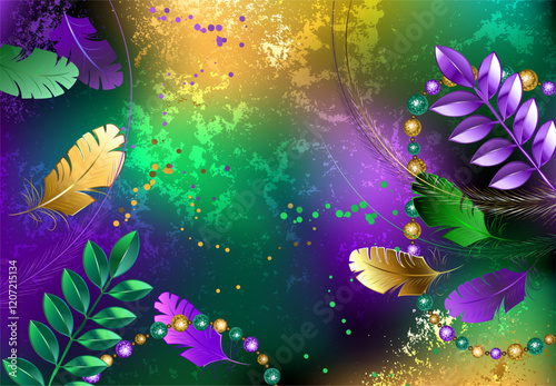 Iridescent mardi gras background with beads