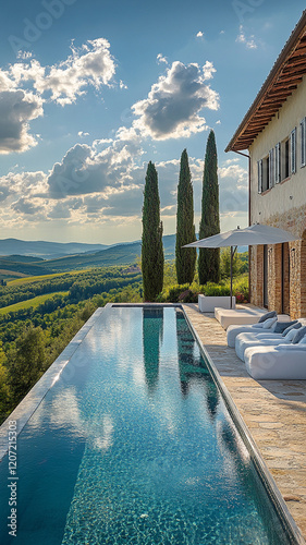 Luxurious modern villa with infinity pool overlooking scenic hills tranquil atmosphere, beautiful landscape, and elegant design create perfect retreat