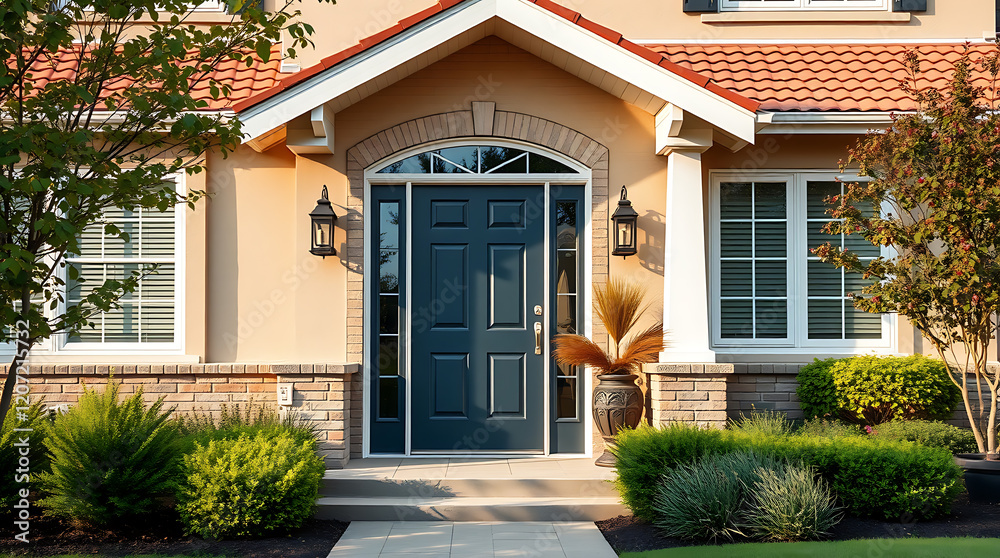 Obraz premium Elegant Home Exterior: Brick Facade, Modern Design, Landscaped Garden