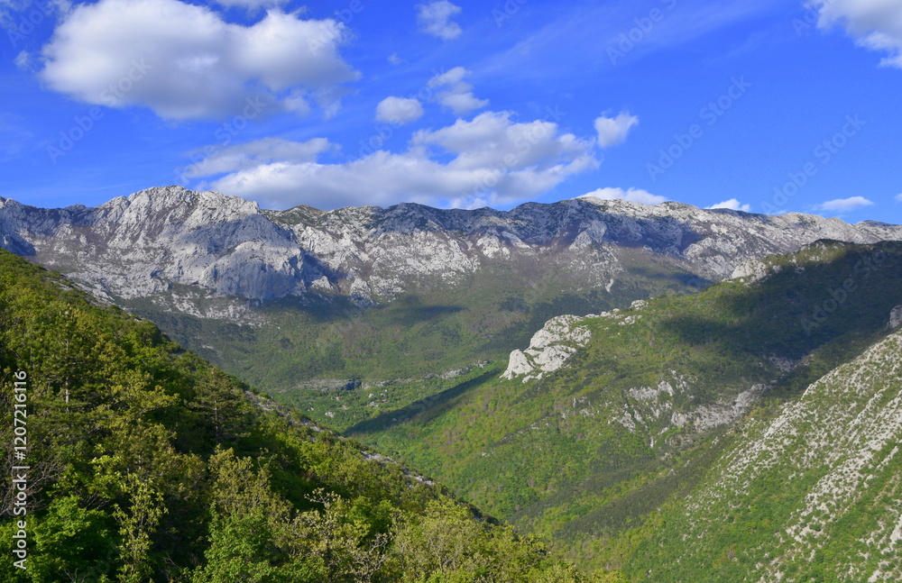 Fototapeta premium Velebit range mountains, Croatia landscape, panoramic aerial view of famous European travel destination, Dalmatia, Croatia. Europe,