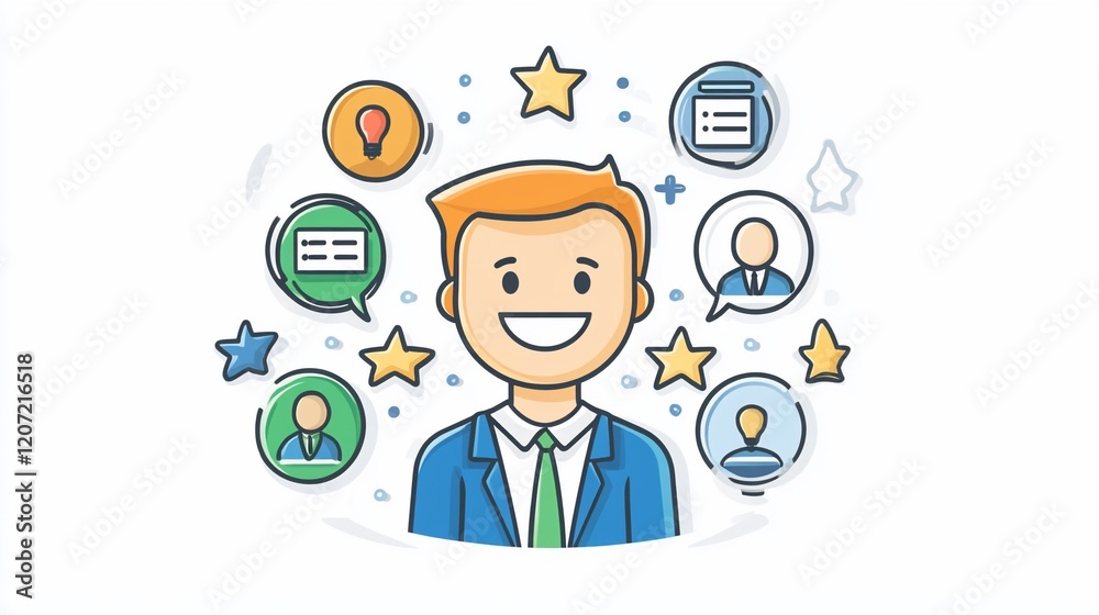 Happy businessman surrounded by teamwork, ideas, and success symbols. Happy businessman surrounded by teamwork, ideas, and success symbols.