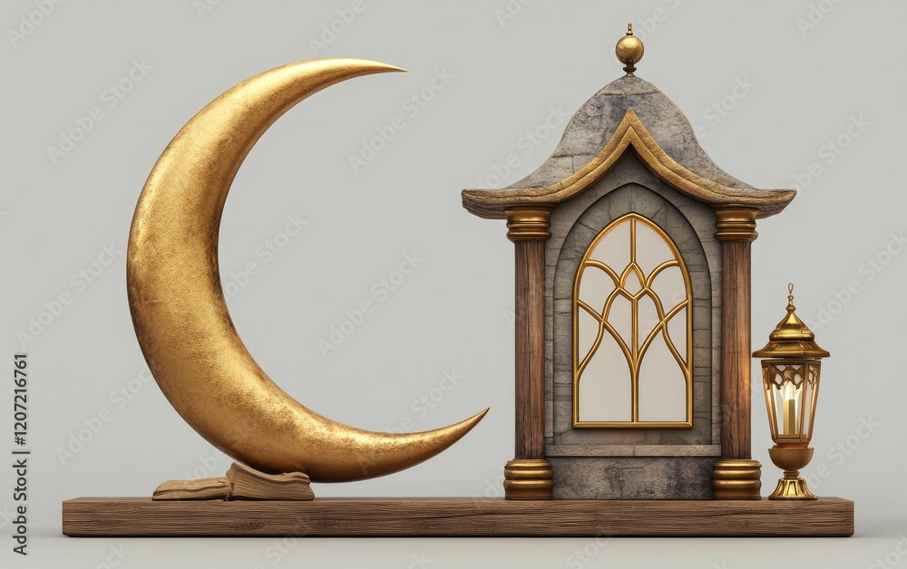 3D rendering of a crescent moon and lantern, with a mosque window, isolated on a white background in a golden color. 3D rendering of a crescent moon and lantern, with a mosque window, isolated on a white background in a golden color.