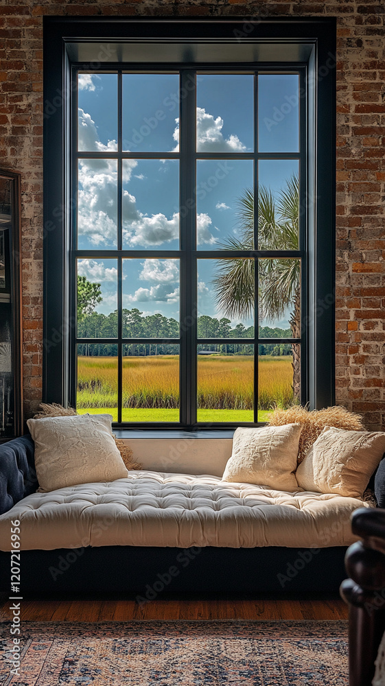 cozy couch by large window offers view of sunny landscape with palm trees and blue skies. warm atmosphere invites relaxation and comfort cozy couch by large window offers view of sunny landscape with palm trees and blue skies. warm atmosphere invites relaxation and comfort