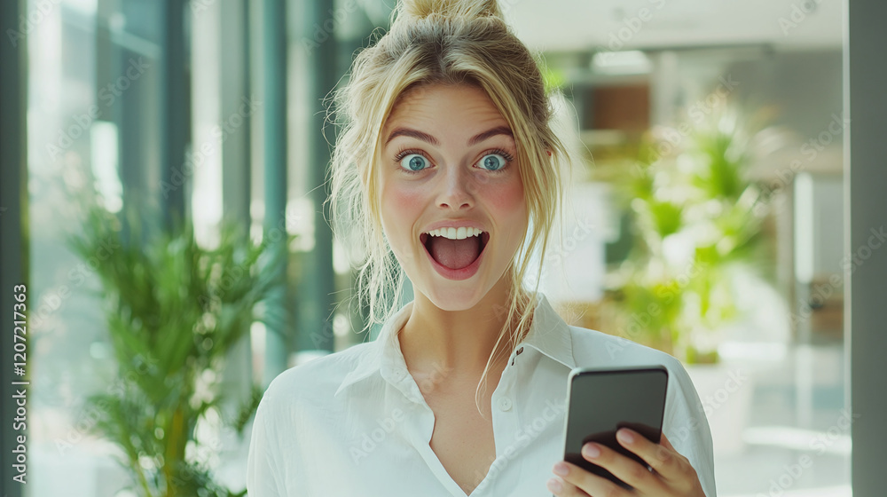 Fototapeta premium Joyful businesswoman with smartphone in office room