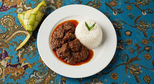 Beef meat rendang with diamond-shaped rice cake ketupat on white plate, with kain batik cloth at background photo