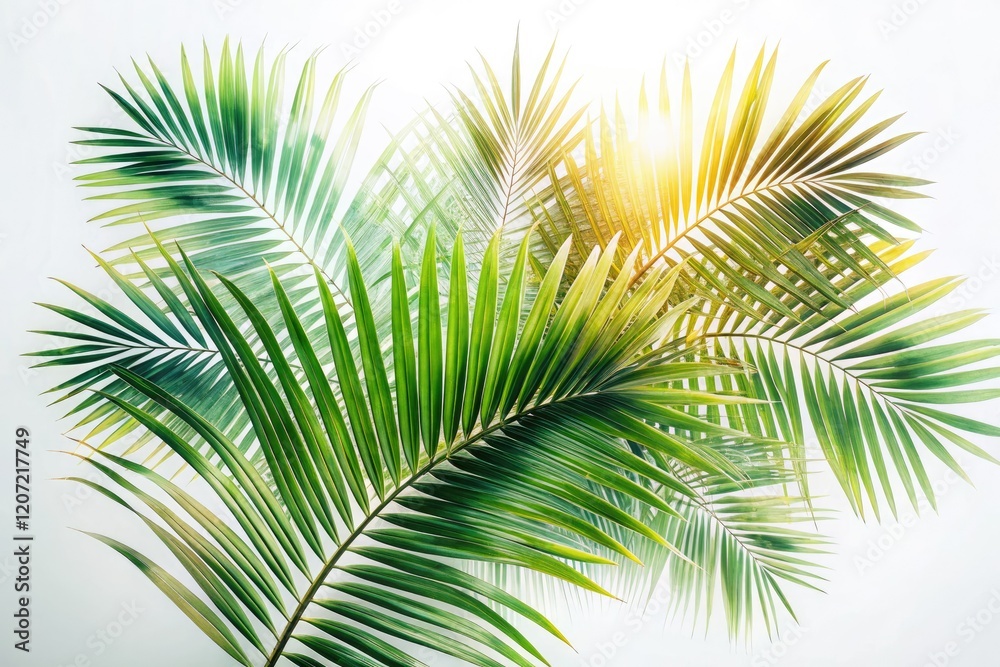 Fototapeta premium Surreal palm leaves double exposure, artistic white background.