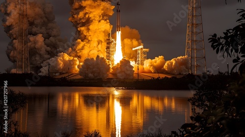 Dramatic nighttime rocket launch with fiery explosion and glowing flames reflected in the calm water below conveying a sense of the power of technology to propel us into the cosmos