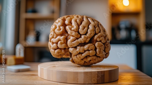 A stunning wooden sculpture of a brain rests elegantly on a table, showcasing intricate carvings that highlight the beauty of creativity and intellect. photo