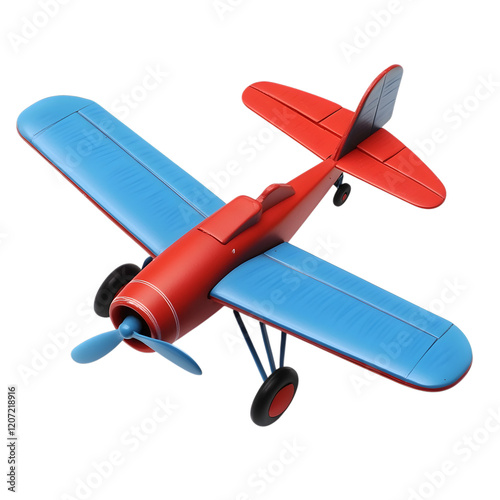 A red and blue toy plane soars through the sky