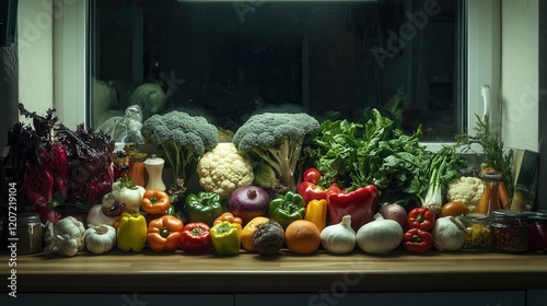 A colorful array of fresh vegetables sprawls across a rustic kitchen counter, inviting culinary creativity and healthy eating. photo