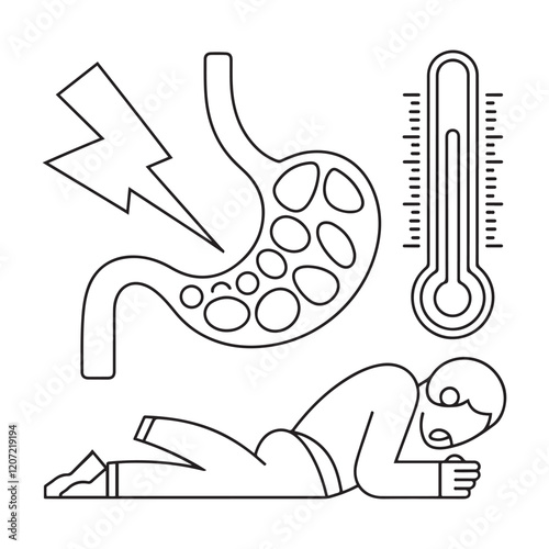 Stomach ache and pain related editable outline icons.