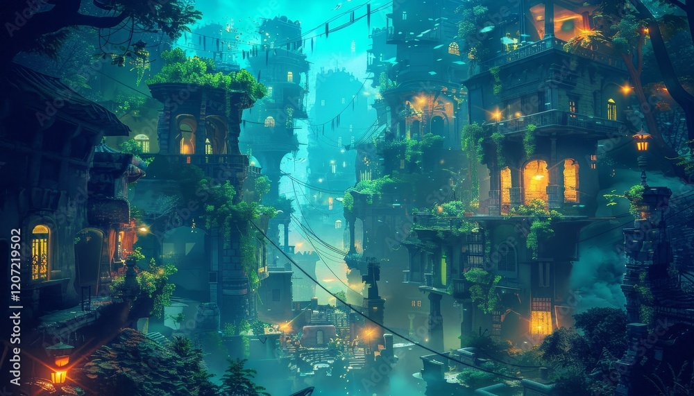 Fototapeta premium A fantasy cityscape with glowing windows, vines, and hanging lanterns, set against a dark, turquoise sky.