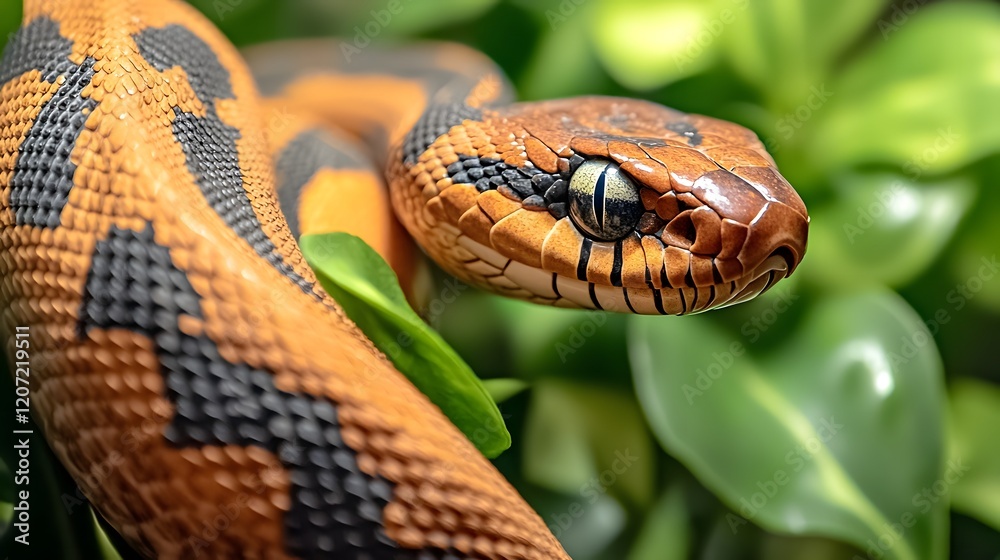 Fototapeta premium Detailed close up shot of a beautiful snake with a striking wood like texture coiling and slithering its way through lush green foliage in a natural tropical environment