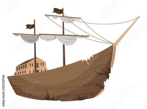 Broken ship icon. Cartoon wooden battered ship with tattered board after wreck or attack. Destroyed, wreck ship isolated on white background