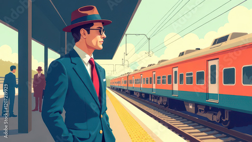 drawing man in Formal Attire at the Train Station Embarking on a Journey