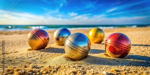 Vibrant petanque boules scattered on a sun-drenched beach, a high-resolution image.